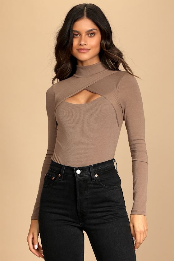 Totally Elevated Taupe Ribbed Cutout Long Sleeve Bodysuit 4