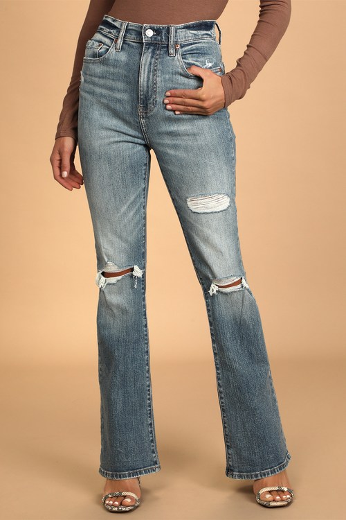 Daze Denim Go-Getter Light Wash High-Rise Distressed Flare Jeans