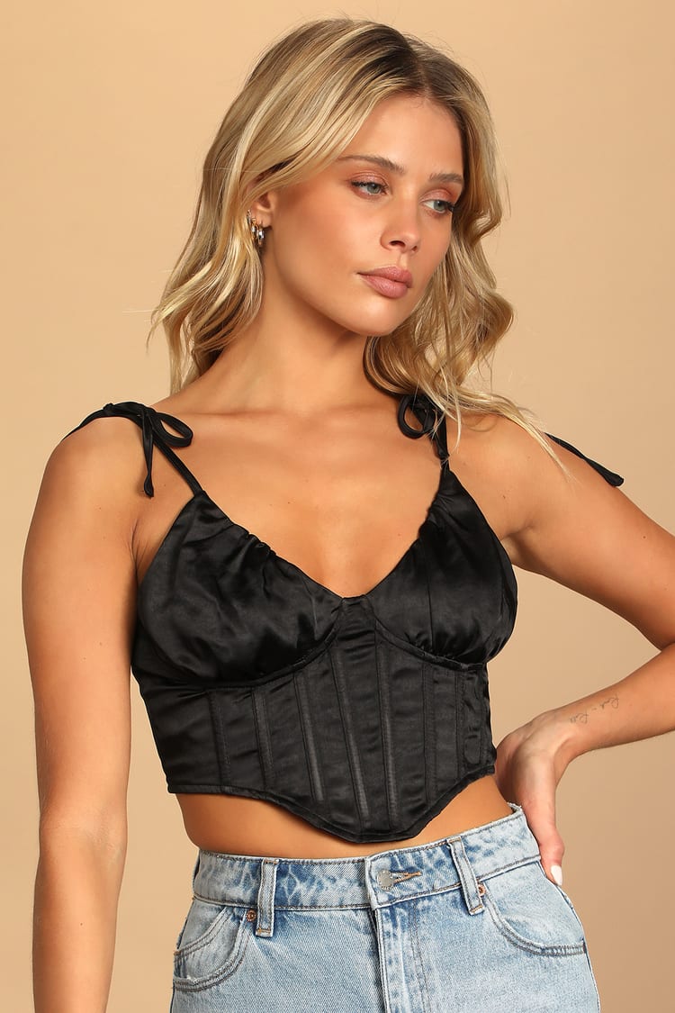 In the Club Black Satin Tie-Strap Cropped Corset Top