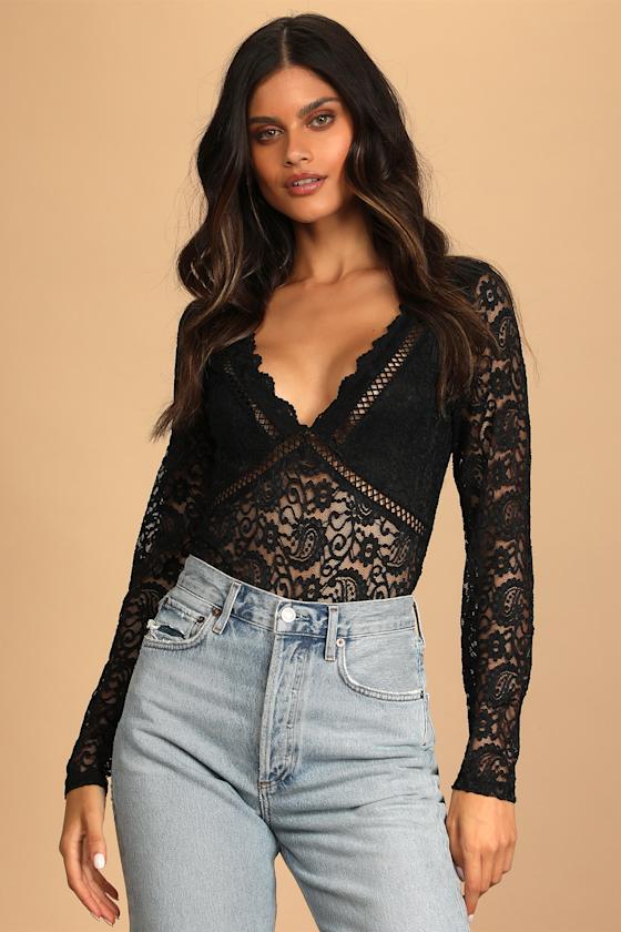 Sheer Me Out Black Lace Long Sleeve Bodysuit 6