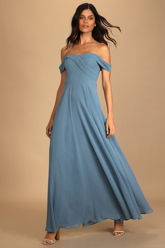 Romantic Elegance Slate Blue Off-the-Shoulder Maxi Dress 1