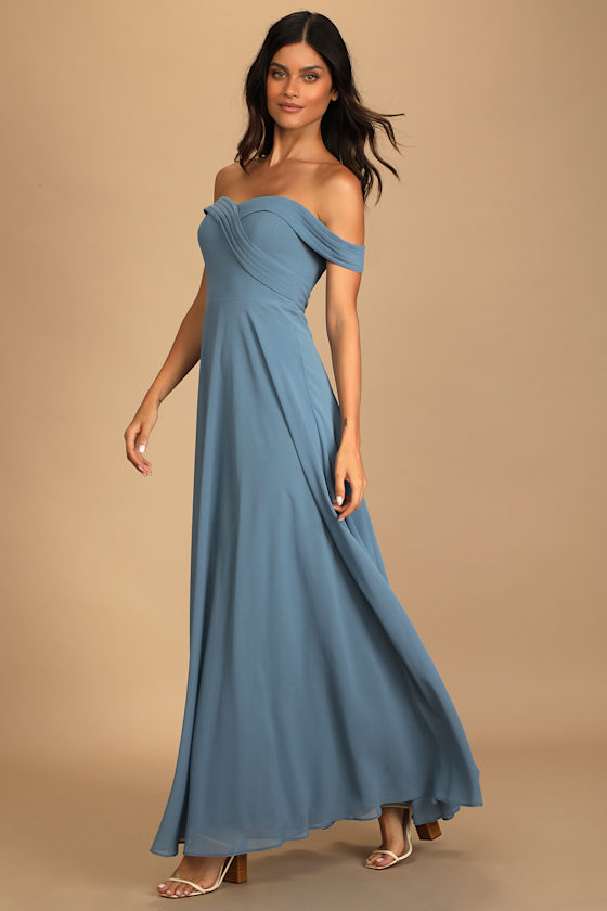Romantic Elegance Slate Blue Off-the-Shoulder Maxi Dress 3