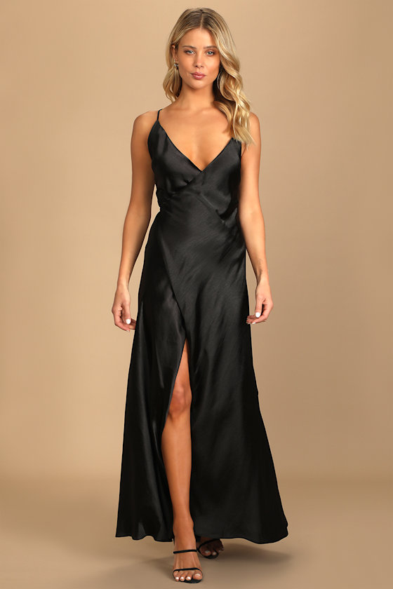 Fondly Loved Black Satin Wrap Maxi Dress 5