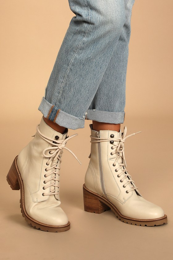 Lulus | Irresistible Natural Off White Leather Mid-Calf Lace-Up High Heel Boots | Size 6