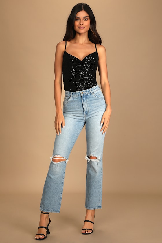 Midnight Soiree Black Sequin Cowl Neck Bodysuit 1
