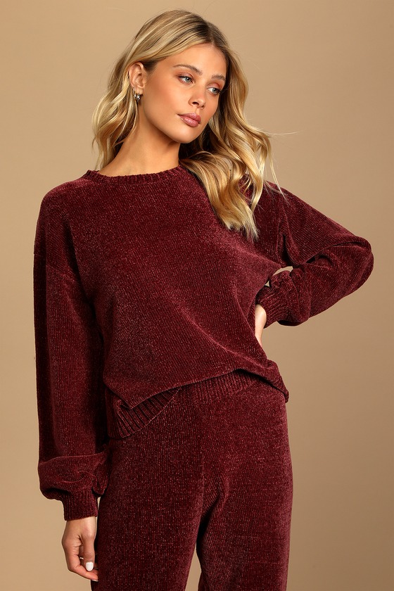 Weekend Chiller Plum Purple Chenille Knit Balloon Sleeve Sweater