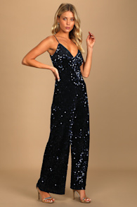 Dazzling Demeanor Navy Blue Velvet Sequin Straight Leg Jumpsuit 5