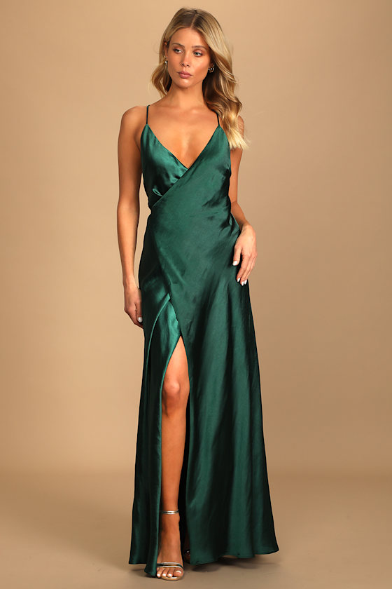 Fondly Loved Dark Green Satin Wrap Maxi Dress 5