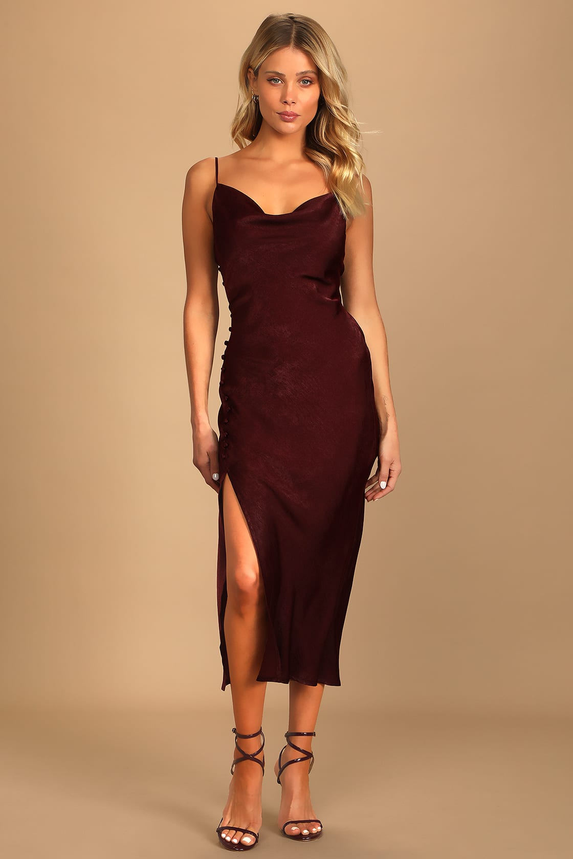 Slinking Out Loud Burgundy Satin Side Button Slip Dress