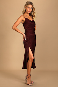 Slinking Out Loud Burgundy Satin Side Button Slip Dress 6