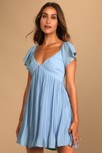 Amalfi Coast Light Blue Pleated Flutter Sleeve Mini Dress
