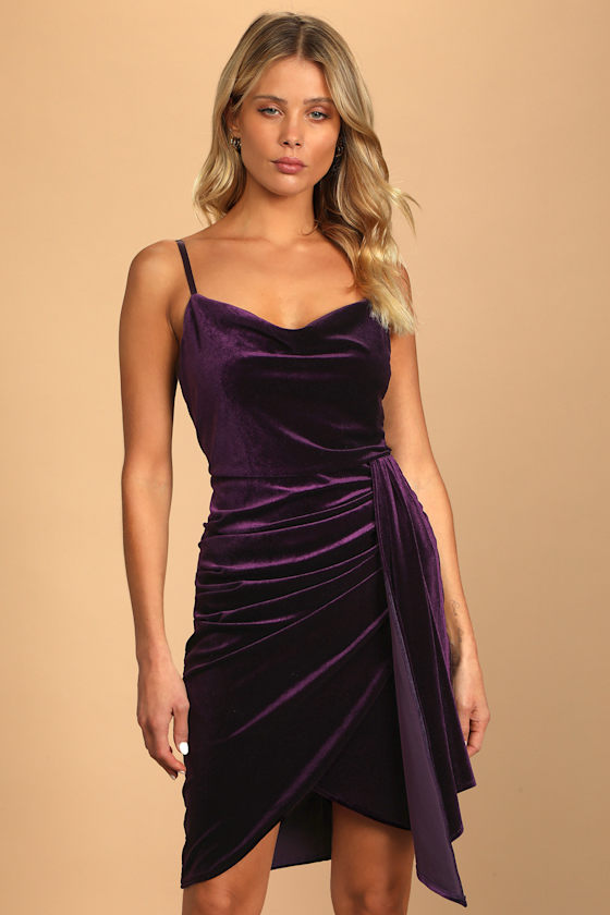 Dark Purple Velvet Dress Tulip Mini Dress Cowl Neck Dress Lulus