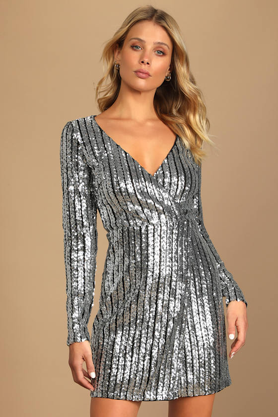 Party Starts Now Silver Sequin Long Sleeve Tulip Mini Dress 4