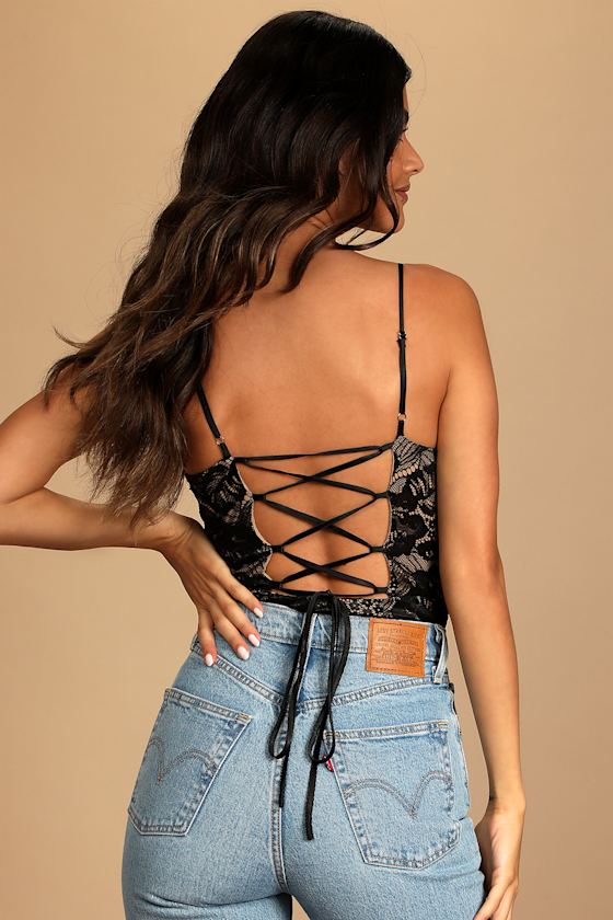 Flirty Touch Black Lace-Up Lace Bodysuit 4
