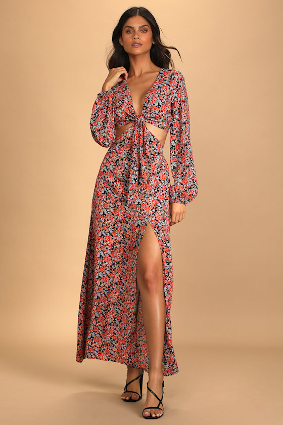 Bloom Ready Black Floral Print Cutout Long Sleeve Maxi Dress 6