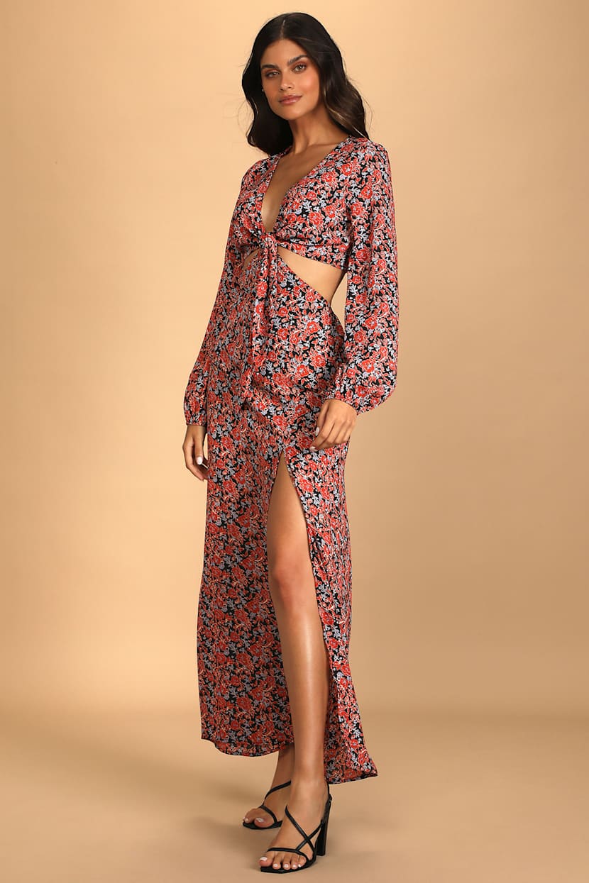 Floral Print Dress - Cutout Dress - Long Sleeve Dress - Maxi - Lulus