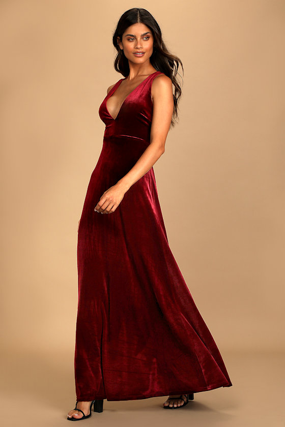 Wine Red Maxi Dress - Velvet Maxi Dress 