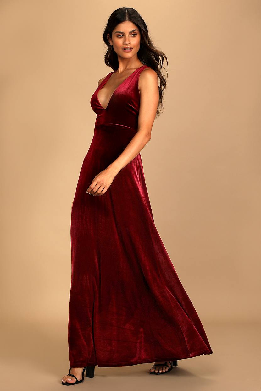 lulus red velvet dress Wine Red Velvet Maxi - Backless Gown - Strappy Back Maxi Dress