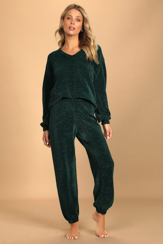 Weekend Chiller Emerald Green Chenille Knit Lounge Joggers 1