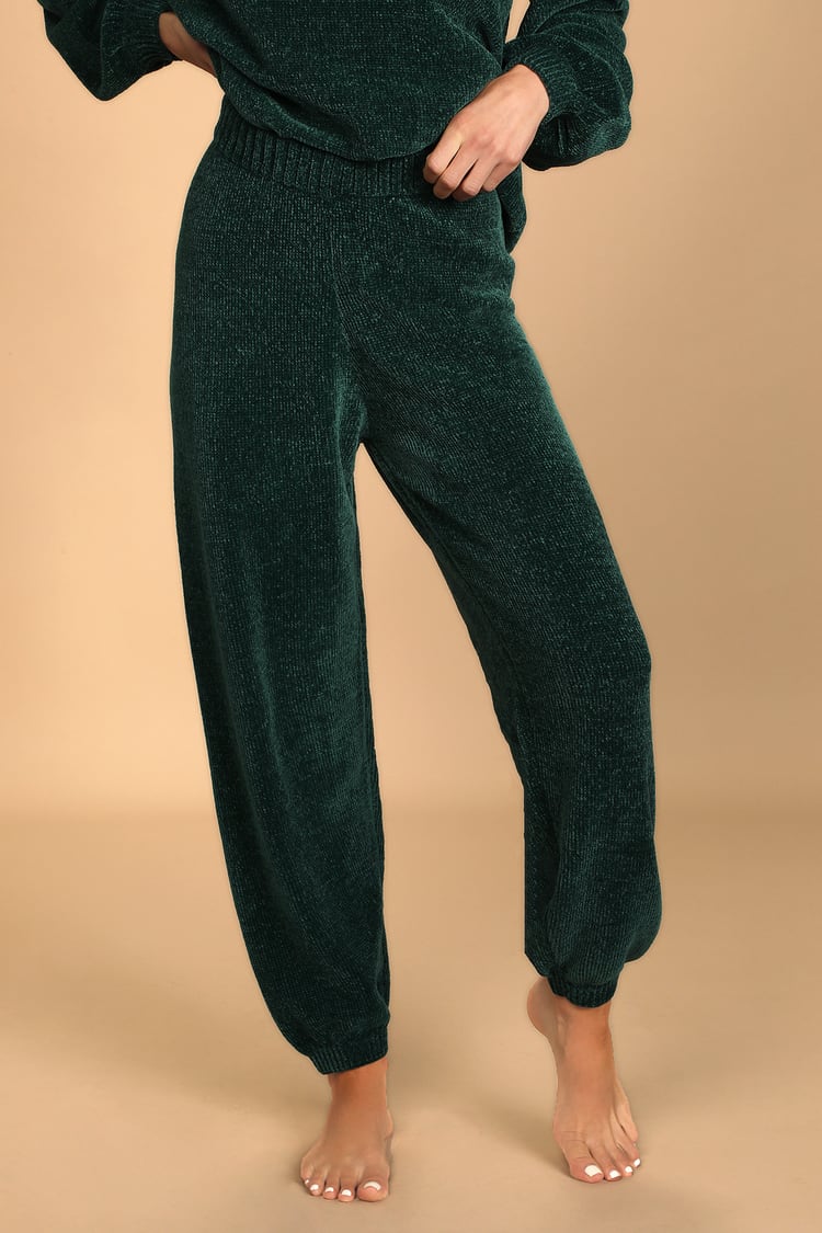 Green Knit Joggers - Chenille Jogger Pants - Cozy Lounge Joggers