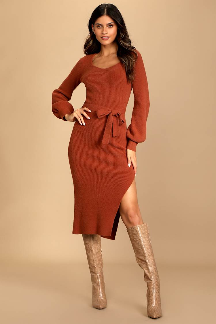 rust sweater dress Combo Funky Flair Boutique LLC This sweater dress is the perfect blend of cozy and chic Into The Rhythm Rust Ribbed