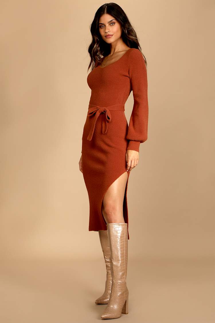 rust sweater dress Lydia Leopard Belted (Rust) – Nova Lee Boutique Mock turtleneck neckline for a polished touch Chill On The Horizon Sweater