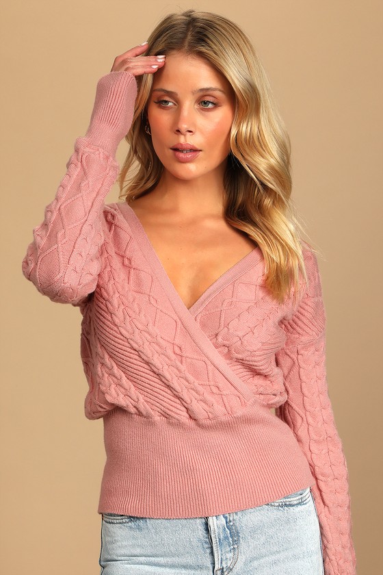 Pink Surplice Sweater - Cable Knit Sweater - Faux Wrap Sweater - Lulus