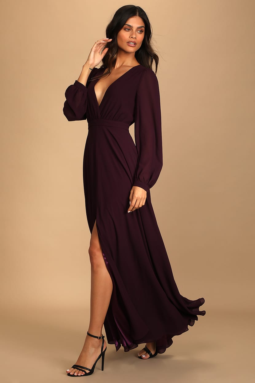 Dark Purple Dress - Long Sleeve Dress - Chiffon Maxi Dress - Lulus