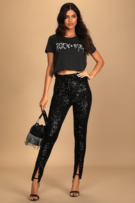 Party Perfection Black Sequin Slit Front High-Waisted Pants