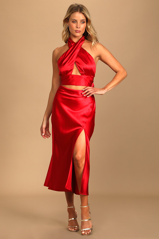 Truly Stunning Red Satin Midi Skirt 4