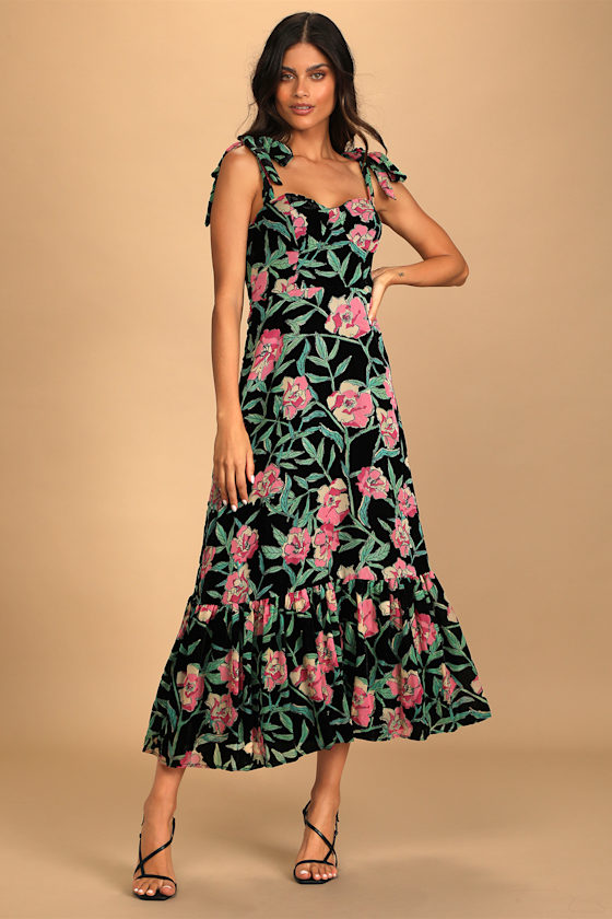 Black Colour Luna maxi strap dress floral green