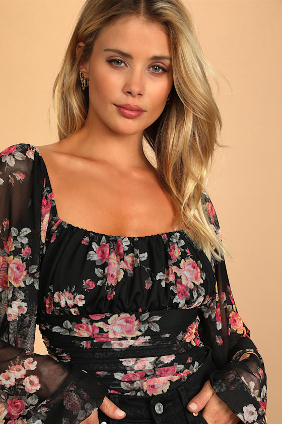Bloom into Autumn Black Floral Print Ruched Mesh Bodysuit 5