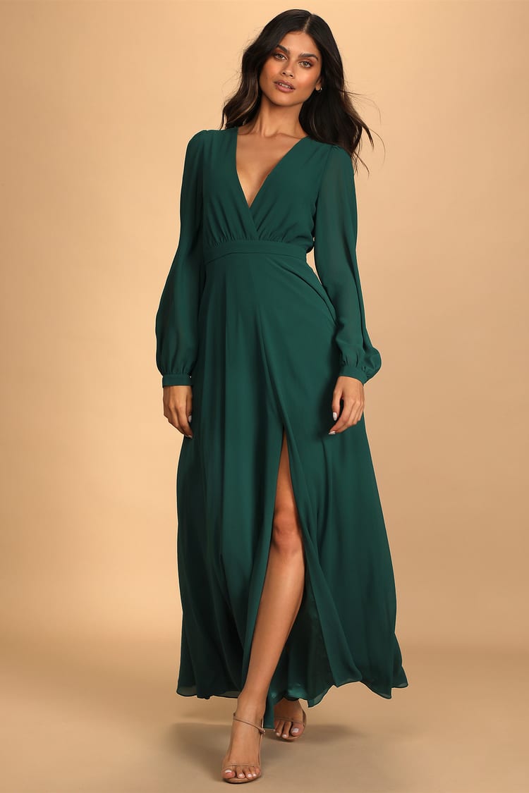 Hunter Green Dress - Long Sleeve Dress - Chiffon Maxi Dress - Lulus
