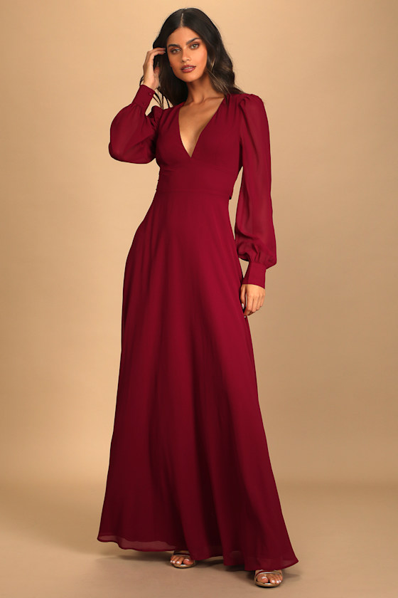 Talk About Divine Burgundy Long Sleeve Backless Maxi Dress 1