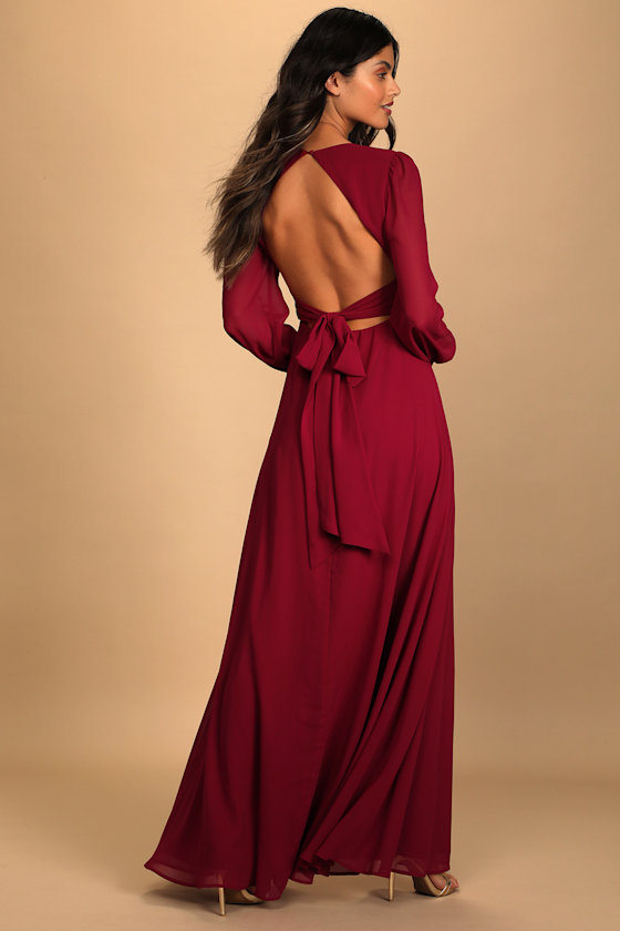 Talk About Divine Burgundy Long Sleeve Backless Maxi Dress 4