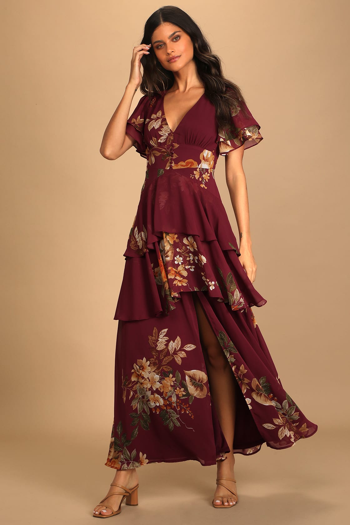 Midnight Mood Burgundy Floral Print Tiered Maxi Dress