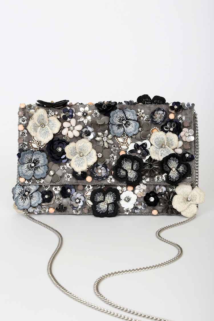 Blossom With Style Grey Velvet Multi Floral Sequin Beaded Clutch
