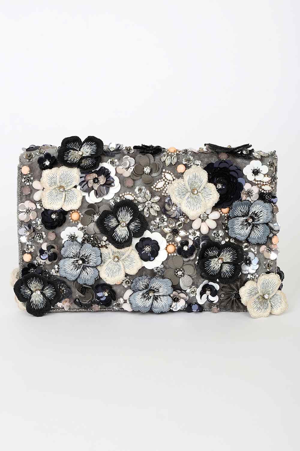 Blossom With Style Grey Velvet Multi Floral Sequin Beaded Clutch