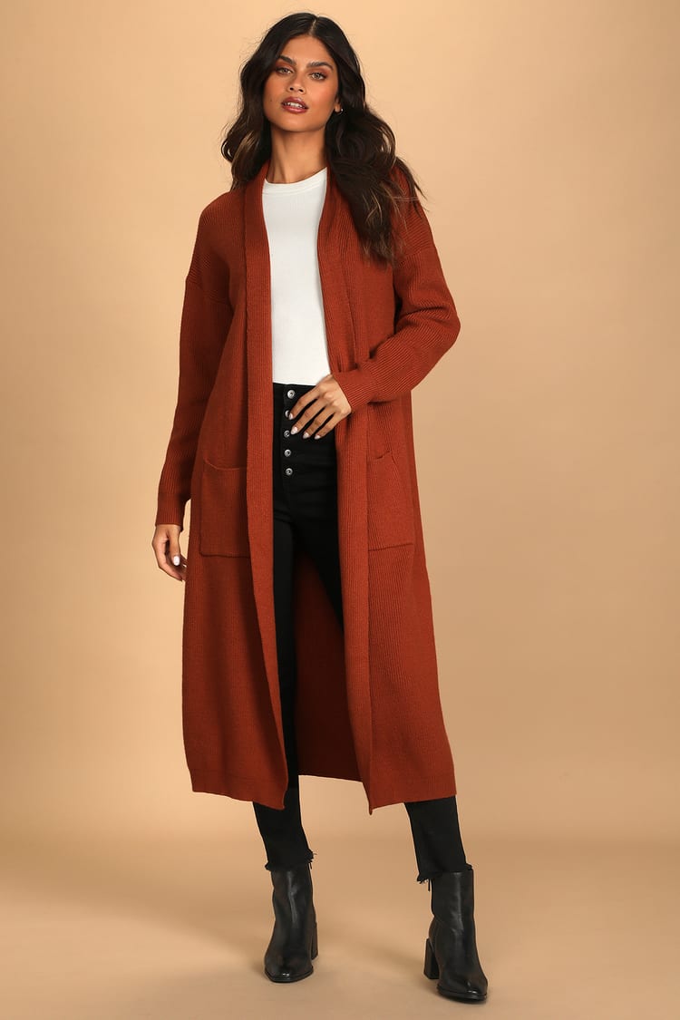 Rust Brown Cardigan - Cardigan Sweater - Duster Cardigan Sweater