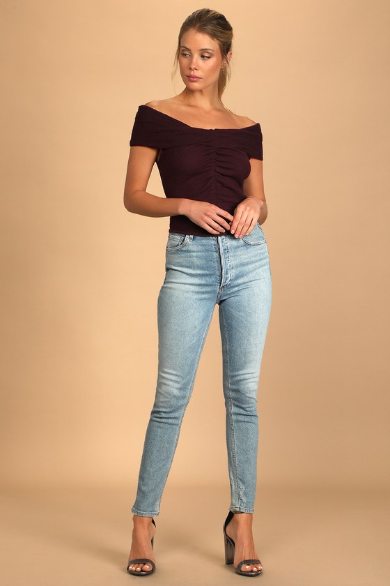 This Cutie Plum Purple Ruched Off-the-Shoulder Top