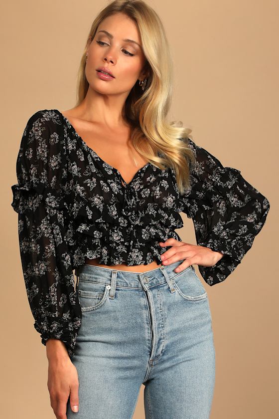 Black Floral Print Blouse - Cute Ruffled Top - Balloon Sleeve Top - Lulus