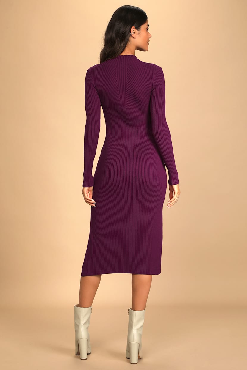 Purple Sweater Dress - Long Sleeve Midi Dress - Ribbed Knit Dress