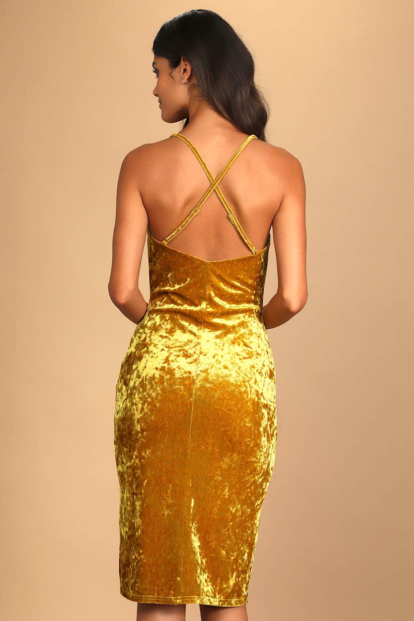 Yellow Crushed Velvet Dress - Cowl Neck Dress - Midi Dress - Lulus