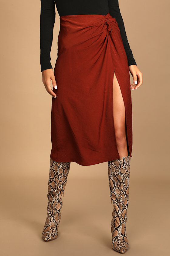 Always a Twist Rust Orange Satin Twist Front Midi Skirt 4