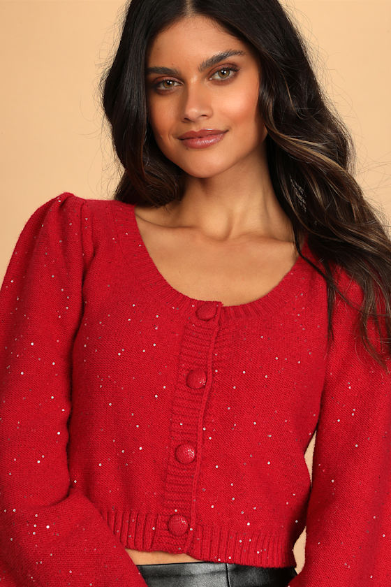 Sparkle With Cheer Red Sequin Cropped Cardigan Sweater 1