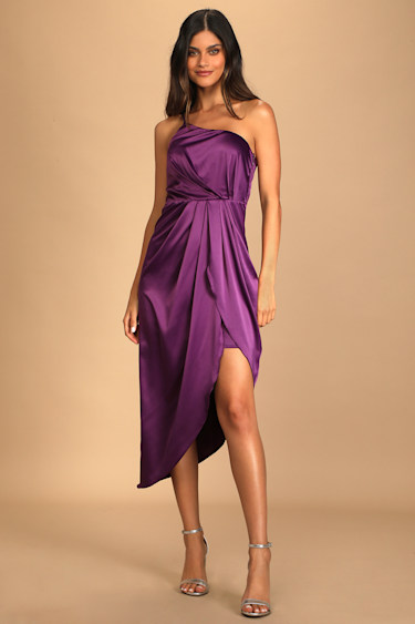 Purple Midi Dress Satin Midi Dress One-Shoulder Dress Lulus
