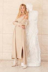 Layer Lover Beige Ribbed Knit Two-Piece Dress & Cardigan Set