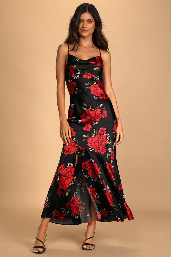 LULUS EXTRA SULTRY BLACK FLORAL PRINT SATIN COWL NECK MAXI DRESS