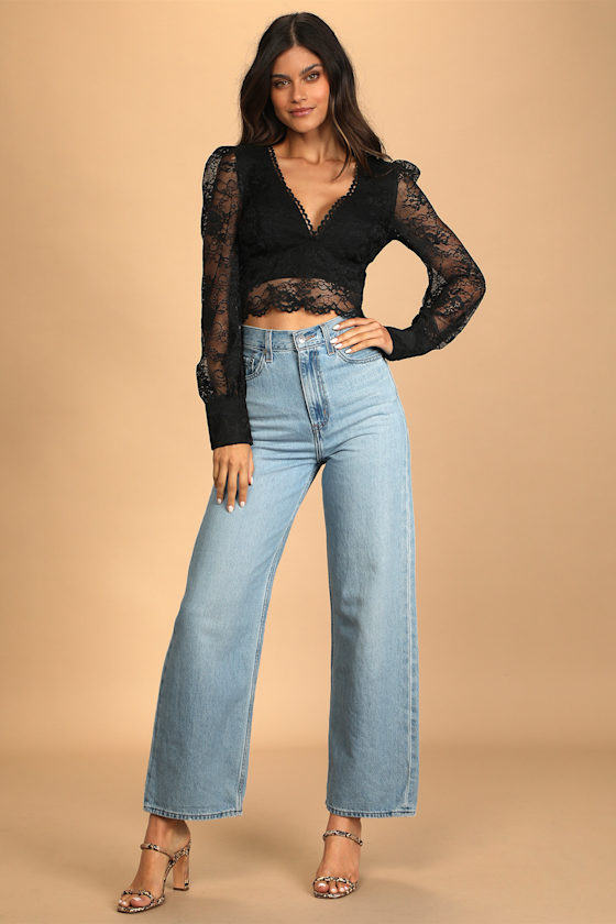 Black Lace Top - Sheer Lace Top - Women 