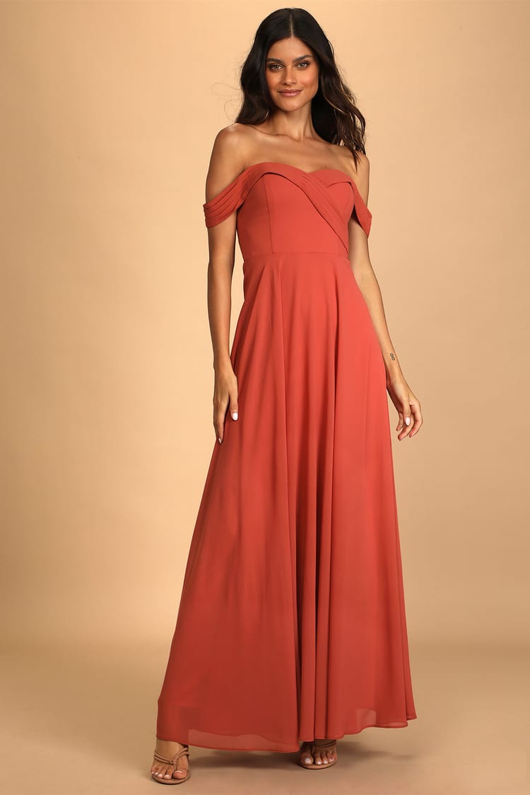 Romantic Elegance Terra Cotta Off-the-Shoulder Maxi Dress